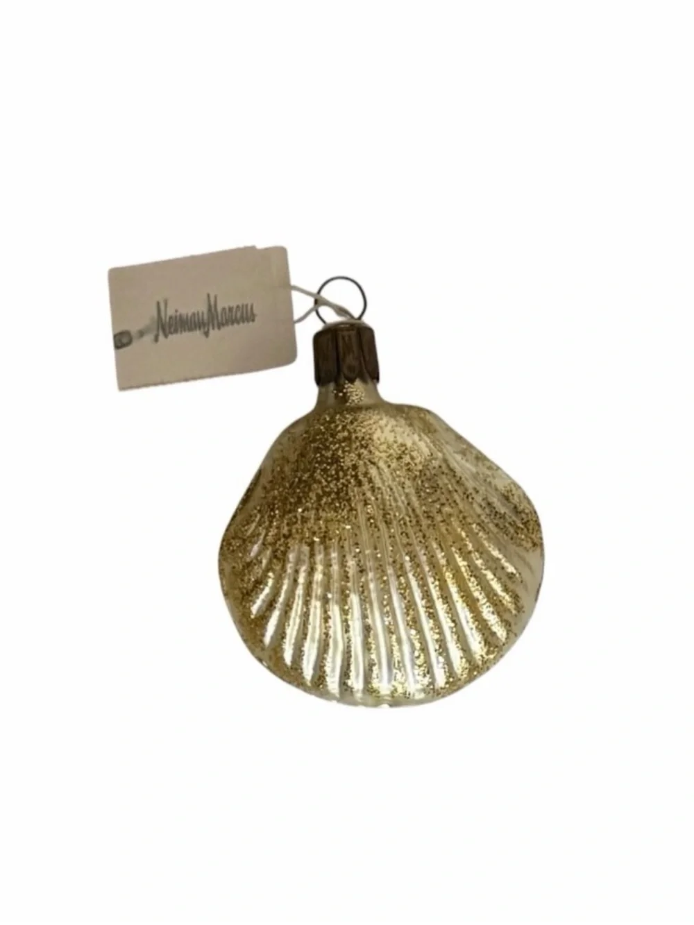 Set of 3 Neiman Marcus Metallic Gold Blown Glass Seahorse and Seashell Ornaments
